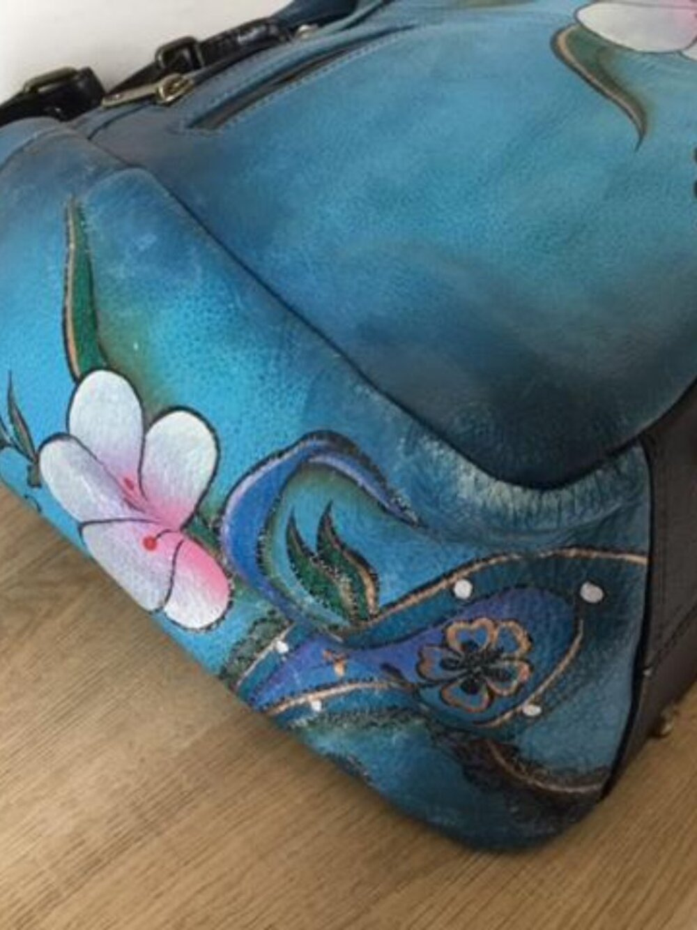 Anuschka Teal Floral Shoulder Bag with Pink and Blue Accents and Makeup Bag - Picture 10 of 14